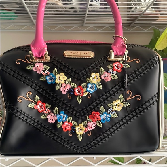 Nicole Lee Black Satchel with Colorful Floral Embroidery - Picture 1 of 16